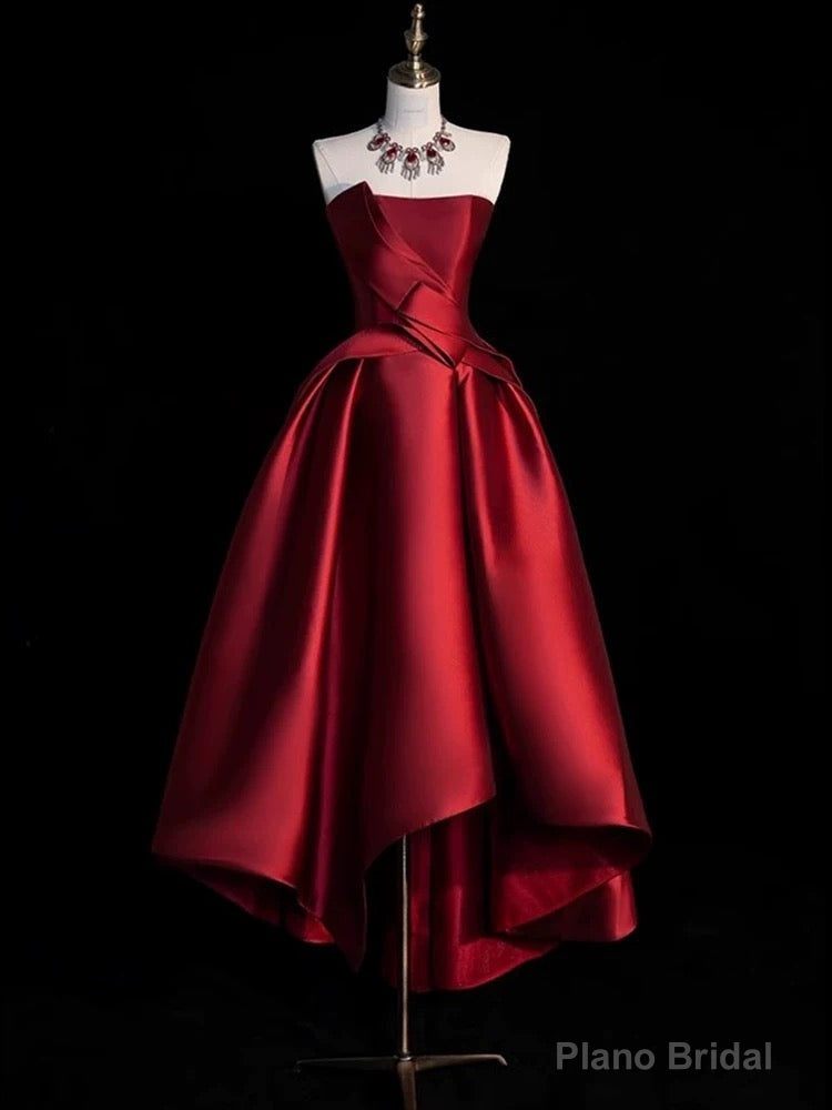 Modest Ball Gown Strapless Burgundy Satin High Low Evening Dress Prom Dresses Secondary image