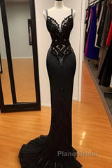 Modest Black Spaghetti Strap Mermaid Satin Formal Prom Dresses Long Formal Prom Dresses