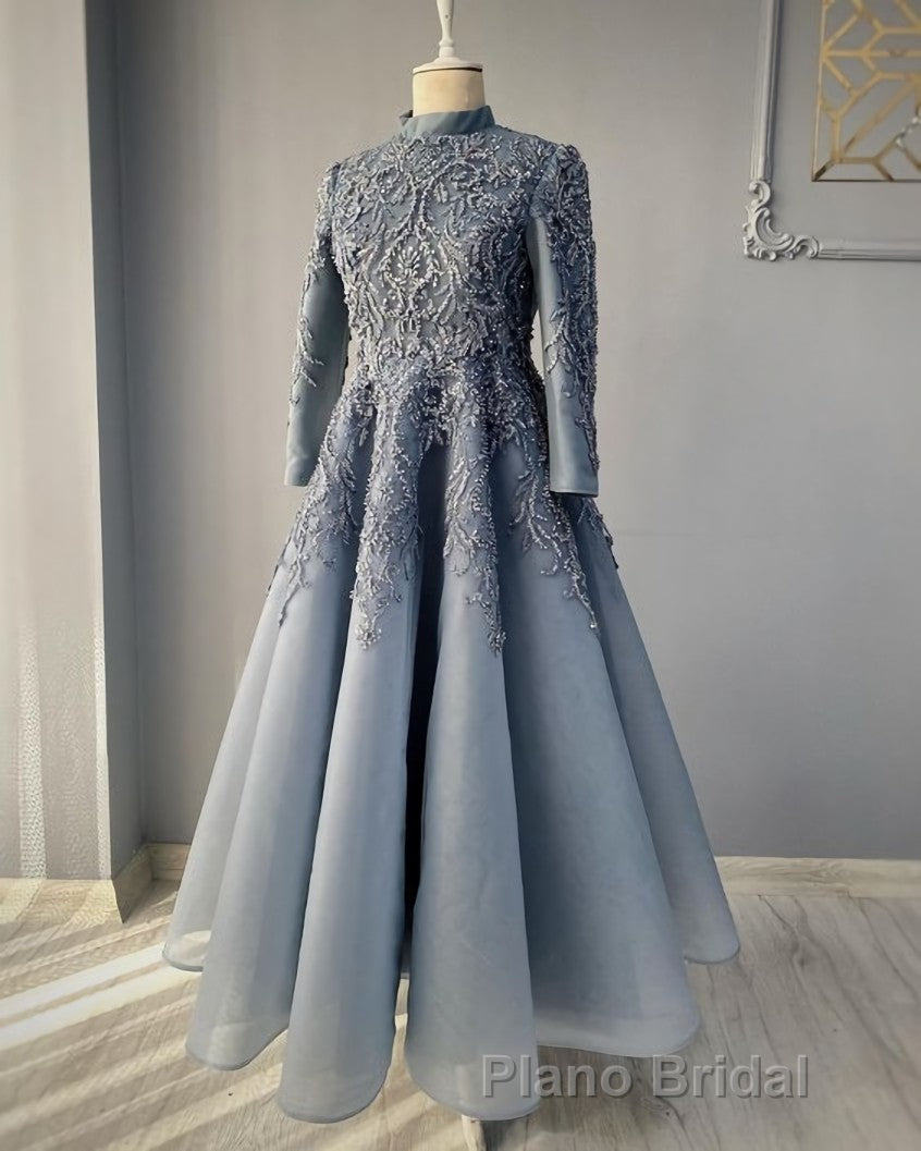 modest blue Formal Prom Dresses lace emroidery evening Dresses Secondary image