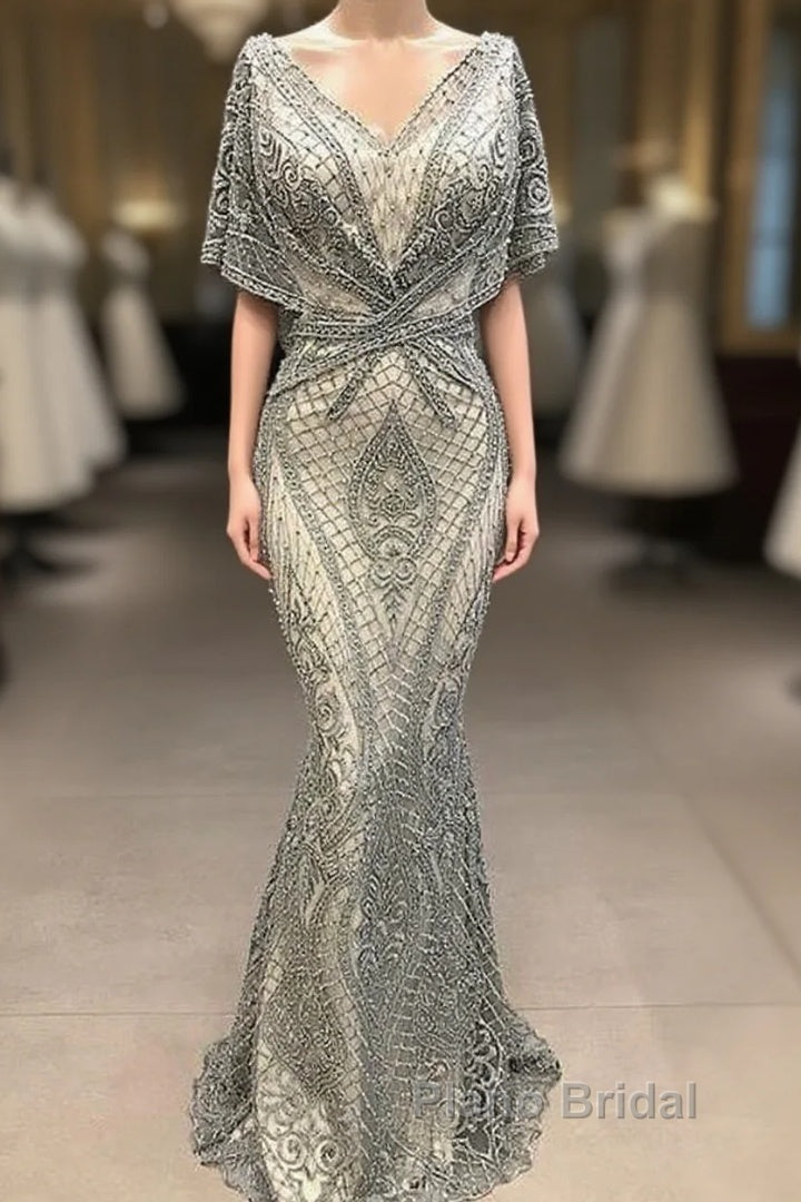 Modest Evening Dresses Long Gray Lace Appliqu篓娄 Beaded Elegant Mermaid Formal Prom Dresses
