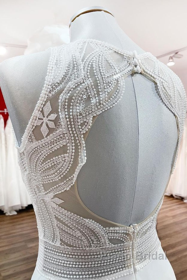 Modest Long A-line Chiffon Jewel Appliques Open Back Wedding Dress