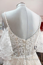 Modest Long A-line Sweetheart Tulle Lace Appliques Wedding Dress with Sleeves
