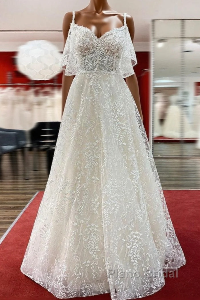 Modest Long A-line Sweetheart Tulle Lace Appliques Wedding Dress with Sleeves Main image