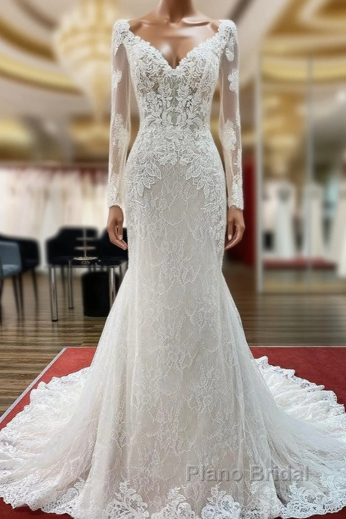 Modest Long Mermaid Sweetheart Tulle Lace Wedding Dress with Sleeves Main image