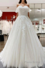 Modest Long Princess Off The Shoulder Tulle Lace Wedding Dress