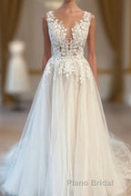 Modest Long V-Neck Sleeveless Lace Backless Wedding Dresses Online