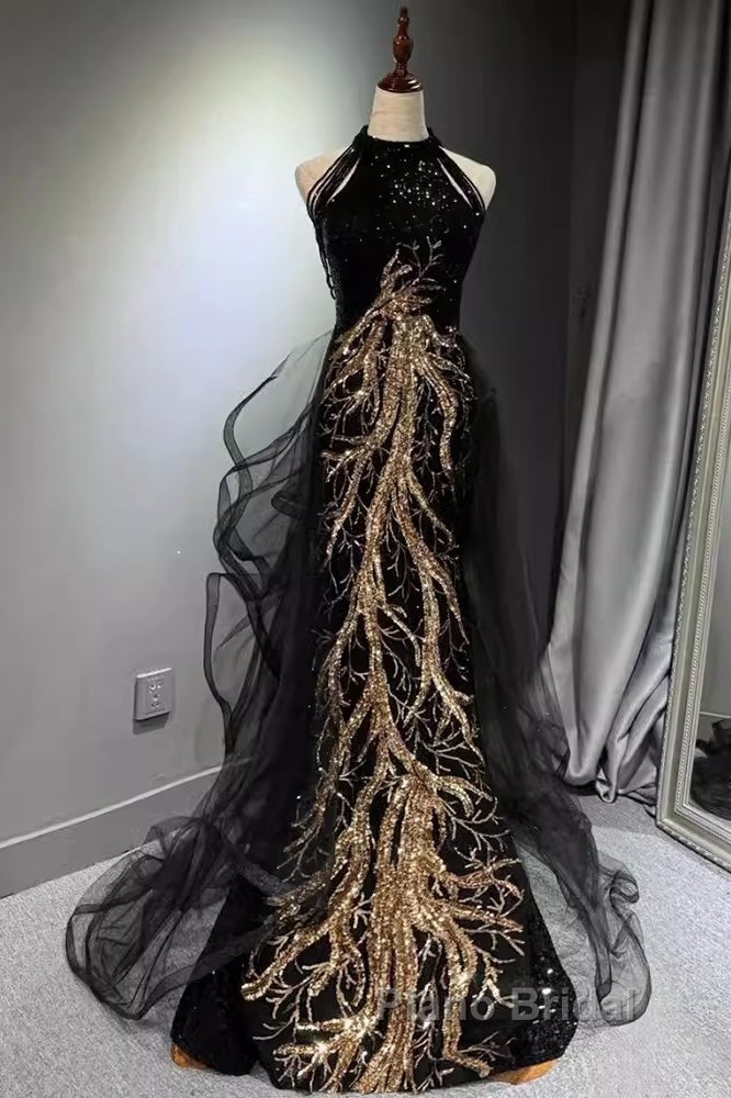 Modest Mermaid Halter Long Black Formal Prom Dresses