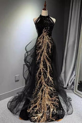 Modest Mermaid Halter Long Black Formal Prom Dresses