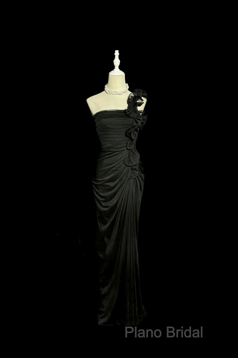 Modest Mermaid One Shoulder Black Satin Long Formal Prom Dresses Party Dresses Secondary image