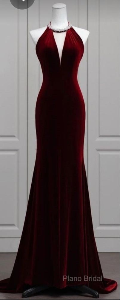 Modest Mermaid Scoop Neckline Burgundy Velvet Long Party Dresses Formal Prom Dresses Secondary image