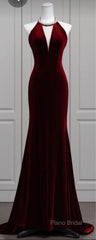 Modest Mermaid Scoop Neckline Burgundy Velvet Long Party Dresses Formal Prom Dresses