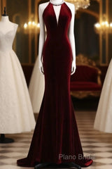Modest Mermaid Scoop Neckline Burgundy Velvet Long Party Dresses Formal Prom Dresses