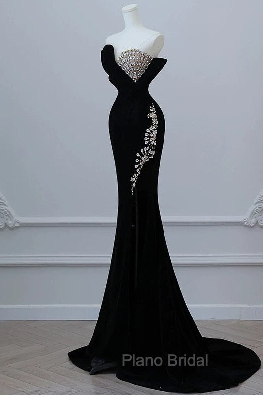 Modest Mermaid Strapless Black Long Floor Length Beads Formal Prom Dresses Secondary image