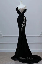 Modest Mermaid Strapless Black Long Floor Length Beads Formal Prom Dresses