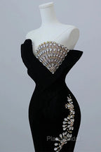 Modest Mermaid Strapless Black Long Floor Length Beads Formal Prom Dresses