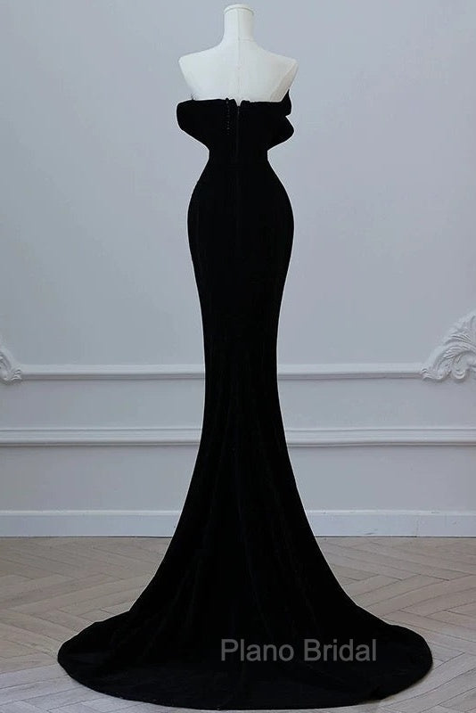 Modest Mermaid Strapless Black Long Floor Length Beads Formal Prom Dresses