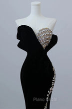 Modest Mermaid Strapless Black Long Floor Length Beads Formal Prom Dresses