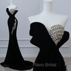 Modest Mermaid Strapless Black Long Floor Length Beads Formal Prom Dresses