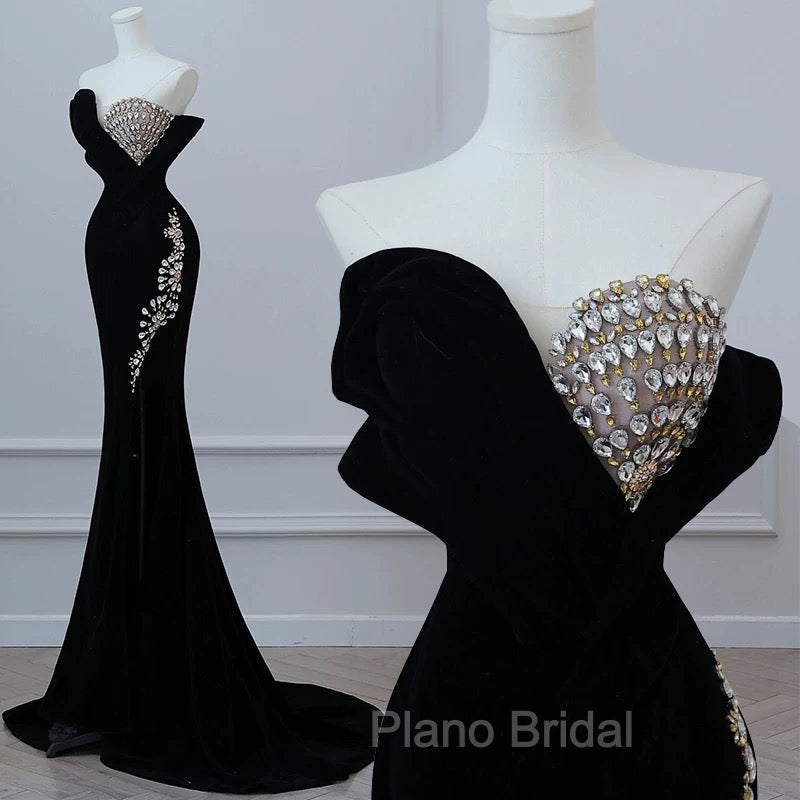 Modest Mermaid Strapless Black Long Floor Length Beads Formal Prom Dresses
