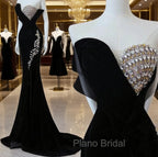 Modest Mermaid Strapless Black Long Floor Length Beads Formal Prom Dresses