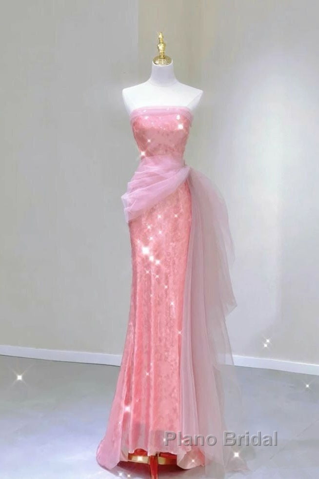 Modest Mermaid Strapless Pink Tulle Ruffles Long Party Dresses Formal Prom Dresses