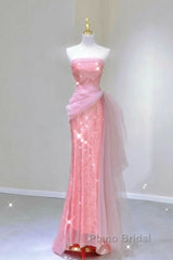 Modest Mermaid Strapless Pink Tulle Ruffles Long Party Dresses Formal Prom Dresses