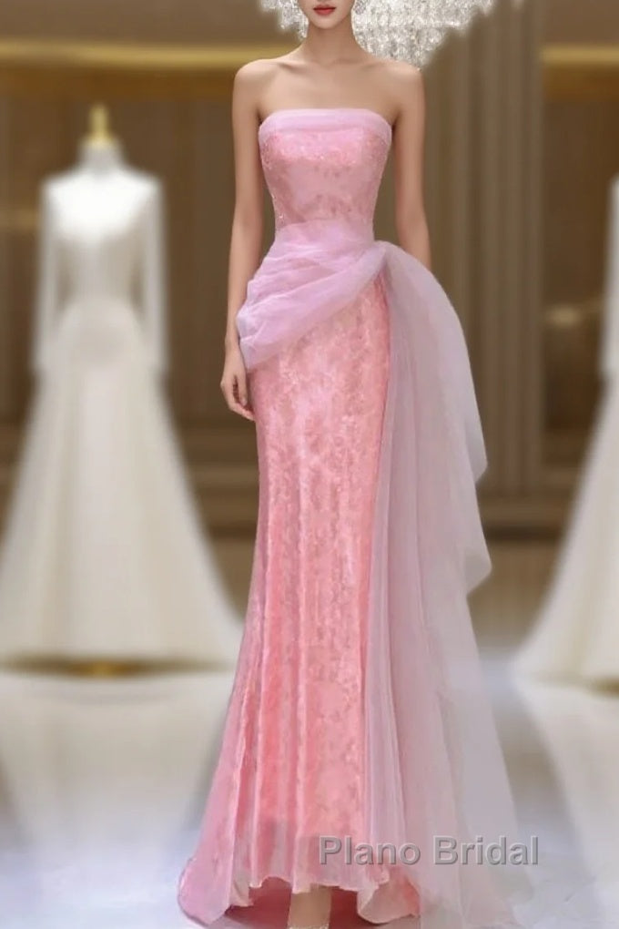 Modest Mermaid Strapless Pink Tulle Ruffles Long Party Dresses Formal Prom Dresses Main image