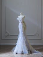 Modest Mermaid Strapless Tulle Flowers Evening Dress Long Prom Dresses