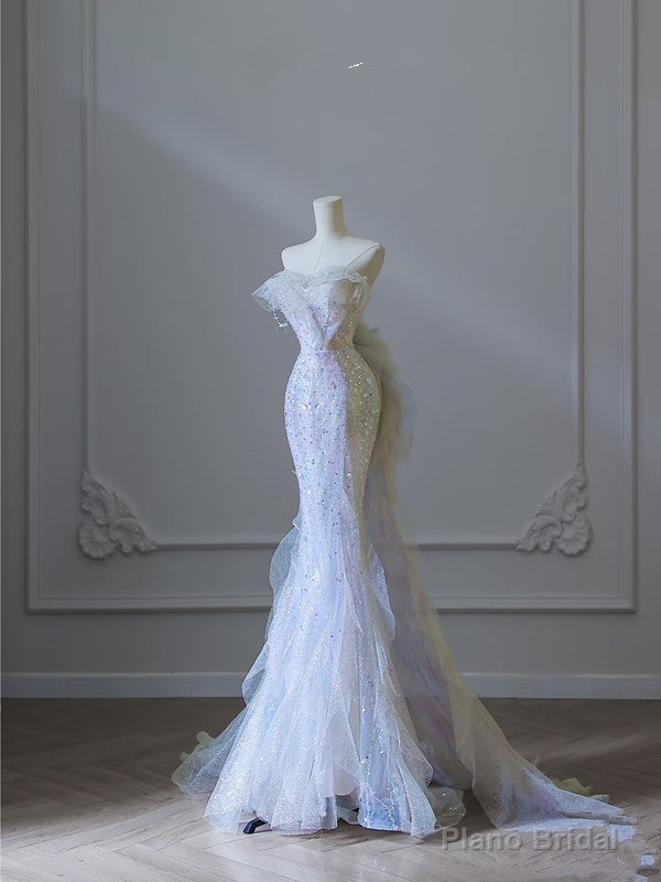 Modest Mermaid Strapless Tulle Flowers Evening Dress Long Prom Dresses