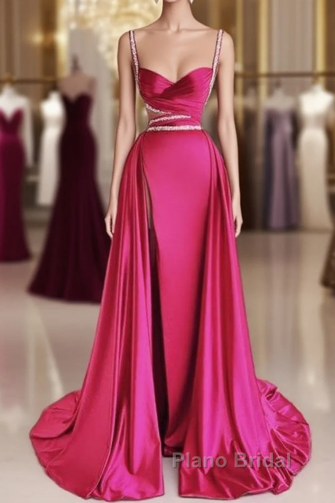 Modest Mermaid Straps Long Hot Pink Slit Satin Formal Prom Dresses Main image