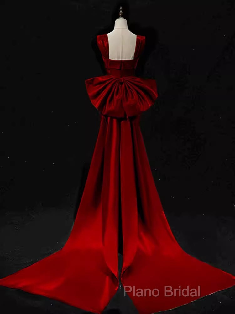 Modest Mermaid Straps Long Sleeveless Red Formal Prom Dresses