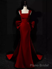 Modest Mermaid Straps Long Sleeveless Red Prom Dresses