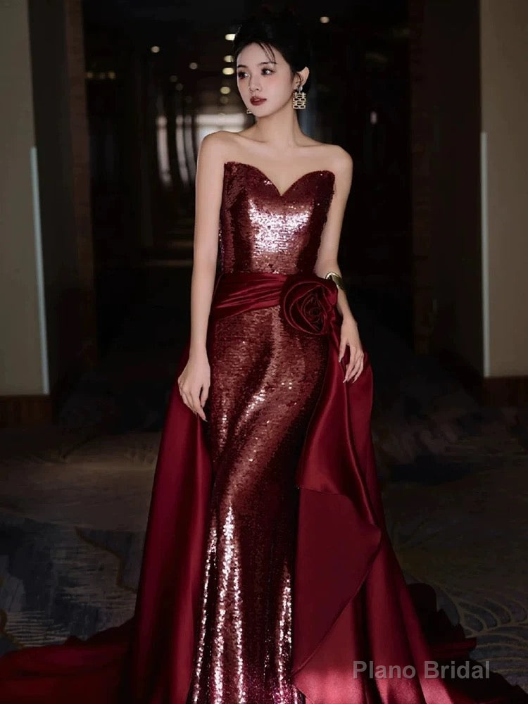 Modest Mermaid Sweetheart Burgundy Floor Length Evening Dress Sequin Prom Dresses