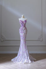 Modest Mermaid Sweetheart Lilac Tulle Sequin Flowers Evening Dresses Long Formal Prom Dresses