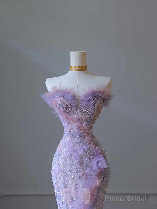 Modest Mermaid Sweetheart Lilac Tulle Sequin Flowers Evening Dress Prom Dresses