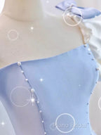 Modest Princess Short Sleeves Long Blue Satin Formal Prom Dresses