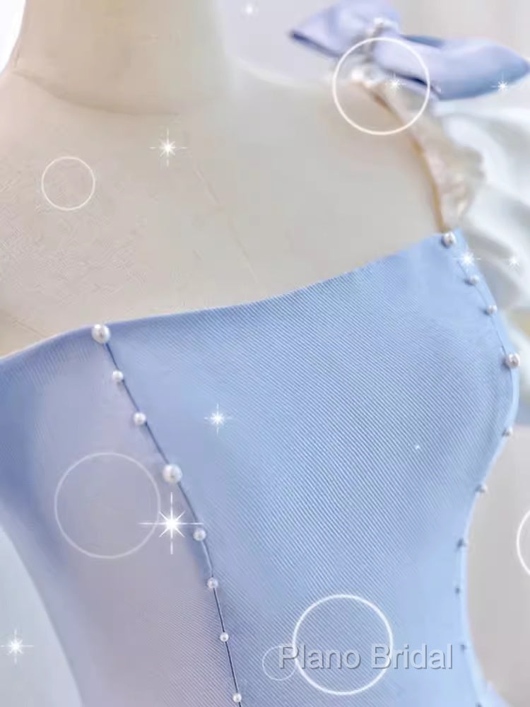 Modest Princess Short Sleeves Long Blue Satin Formal Prom Dresses