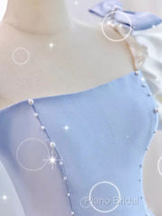 Modest Princess Short Sleeves Long Blue Satin Formal Prom Dresses