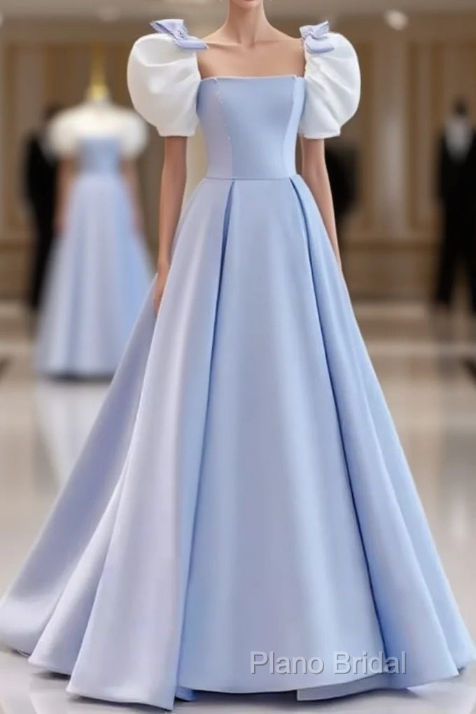 Modest Princess Short Sleeves Long Blue Satin Formal Prom Dresses Main image