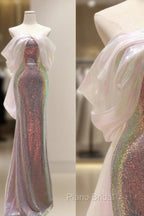 Modest Sheath Off The Shoulder Sequin Long Party Dresses Pink Formal Prom Dresses