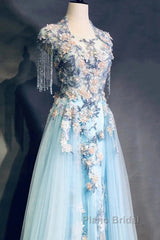 Modest Sky Blue A-Line Tulle Beading Embroidery Appliques Long Formal Prom Dresses Pageant Gown