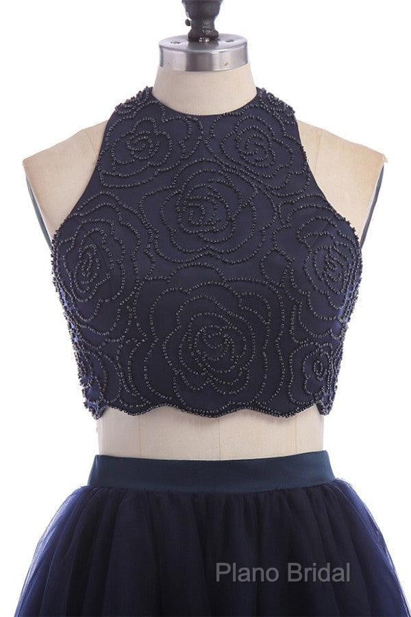 Modest Two Pieces Sleeveless Hollow Navy Blue Homecoming Dresses Secondary image