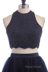 Modest Two Pieces Sleeveless Hollow Navy Blue Homecoming Dresses