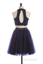 Modest Two Pieces Sleeveless Hollow Navy Blue Homecoming Dresses