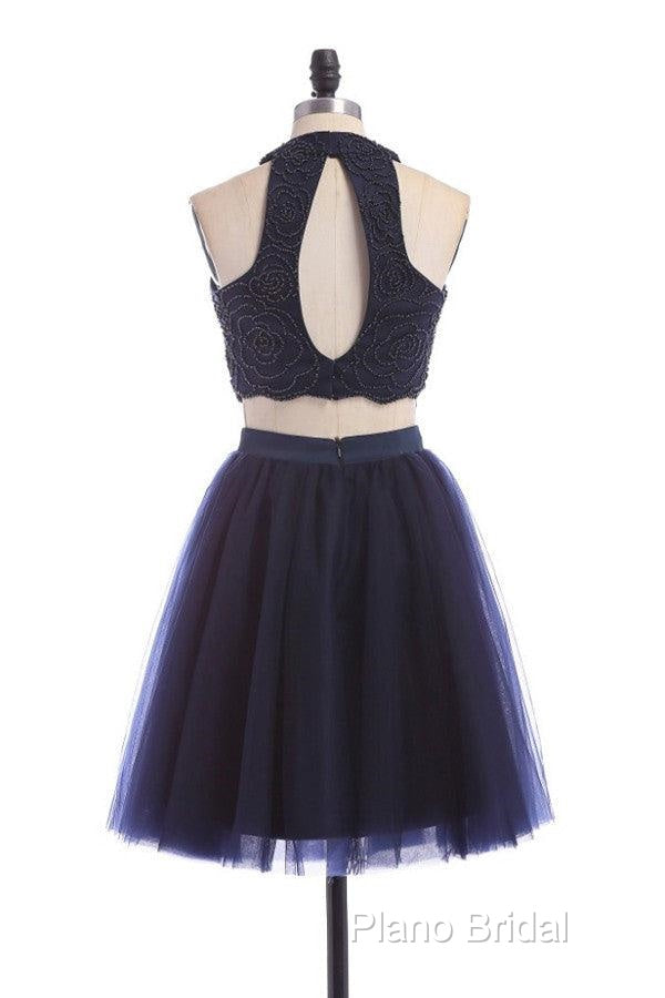Modest Two Pieces Sleeveless Hollow Navy Blue Homecoming Dresses