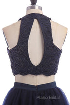 Modest Two Pieces Sleeveless Hollow Navy Blue Homecoming Dresses