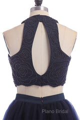 Modest Two Pieces Sleeveless Hollow Navy Blue Homecoming Dresses