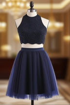Modest Two Pieces Sleeveless Hollow Navy Blue Homecoming Dresses