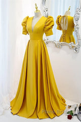 Mustard Yellow Satin Backless Dresses With Sleeves
