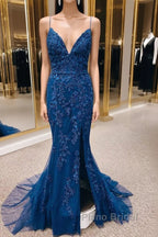 Navy Appliques Lace-Up Back Mermaid Long Formal Prom Dresses With Slit